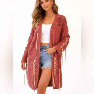 POL Distressed Chunky Knit Cardigan | Boho Festival Sweater Coat Size L